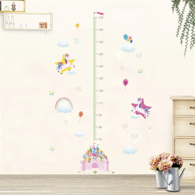 

Lovely Unicorn Castle Growth Chart Wall Stickers For Kids Room Home Decor Cartoon Safari Mural Art Diy Height Measure Wall Decal