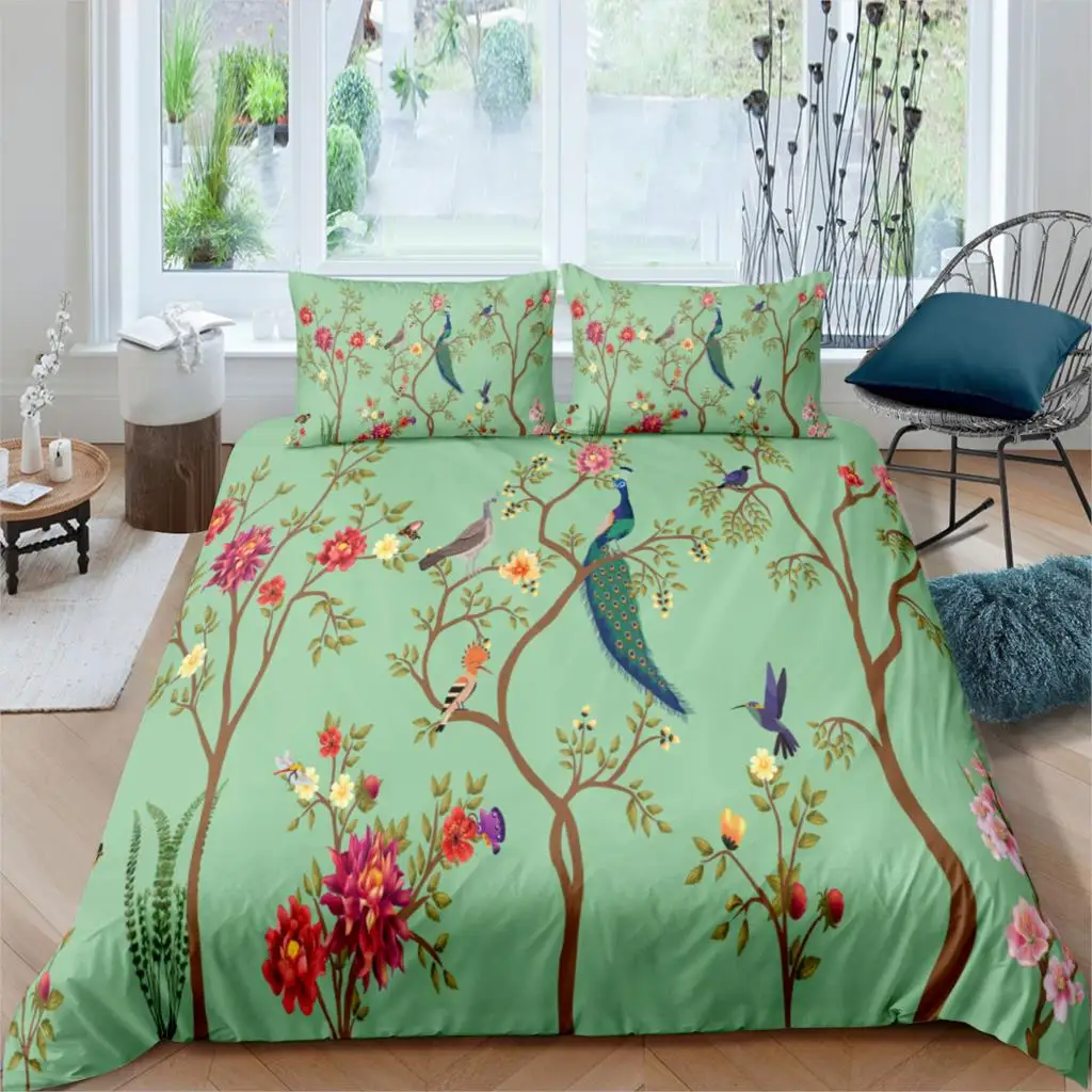 

Peacock Duvet Cover 3D Flower Birds Bedding Set Super Fiber Home Textile Bedclothes Pillowcase Double Bed King Full Size 200x200