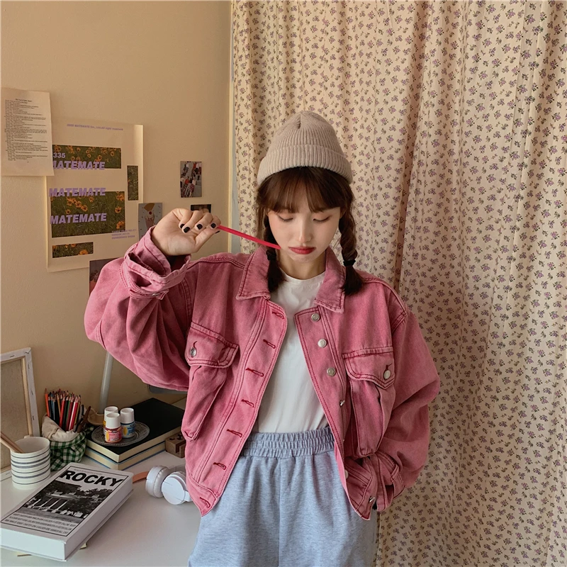 

Куртка женская джинсовая, демисезонная, розовая, в стиле ретро