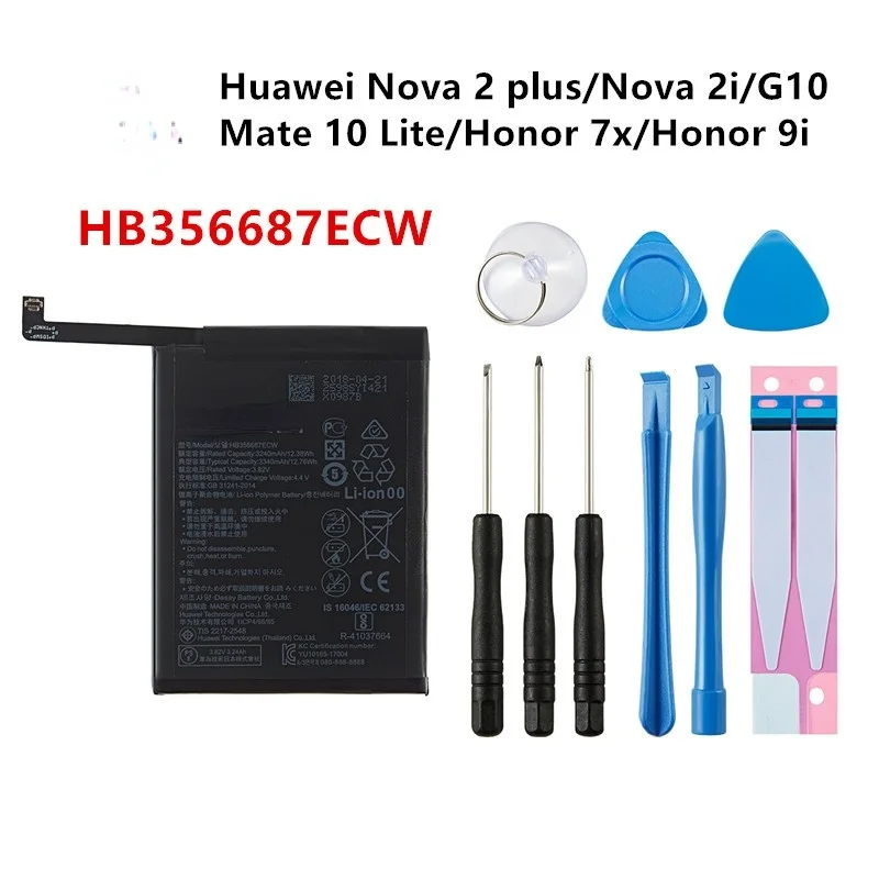 

100% Оригинальный аккумулятор HB356687ECW 3340 мАч для Huawei Nova 2 plus/Nova 2i/Huawei G10/Mate 10 Lite/ Honor 7x/9i + Инструменты