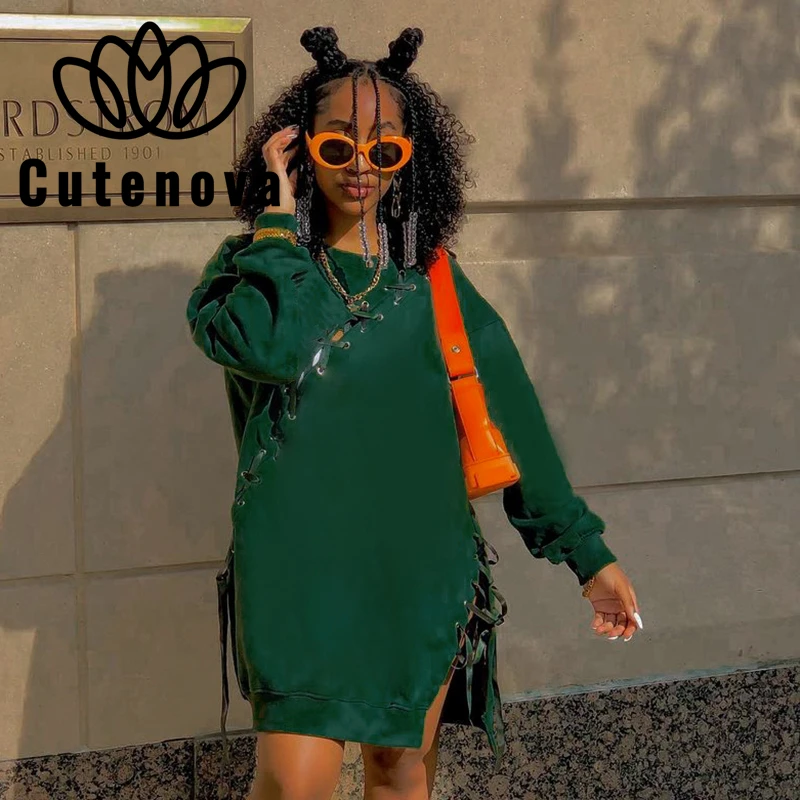 

Cutenova Casual Fashion Hoodie Women's Autumn 2021 Solid O-neck Drawstring Lace Up Long Sleeve Oversize Hoodie Female Streetwear