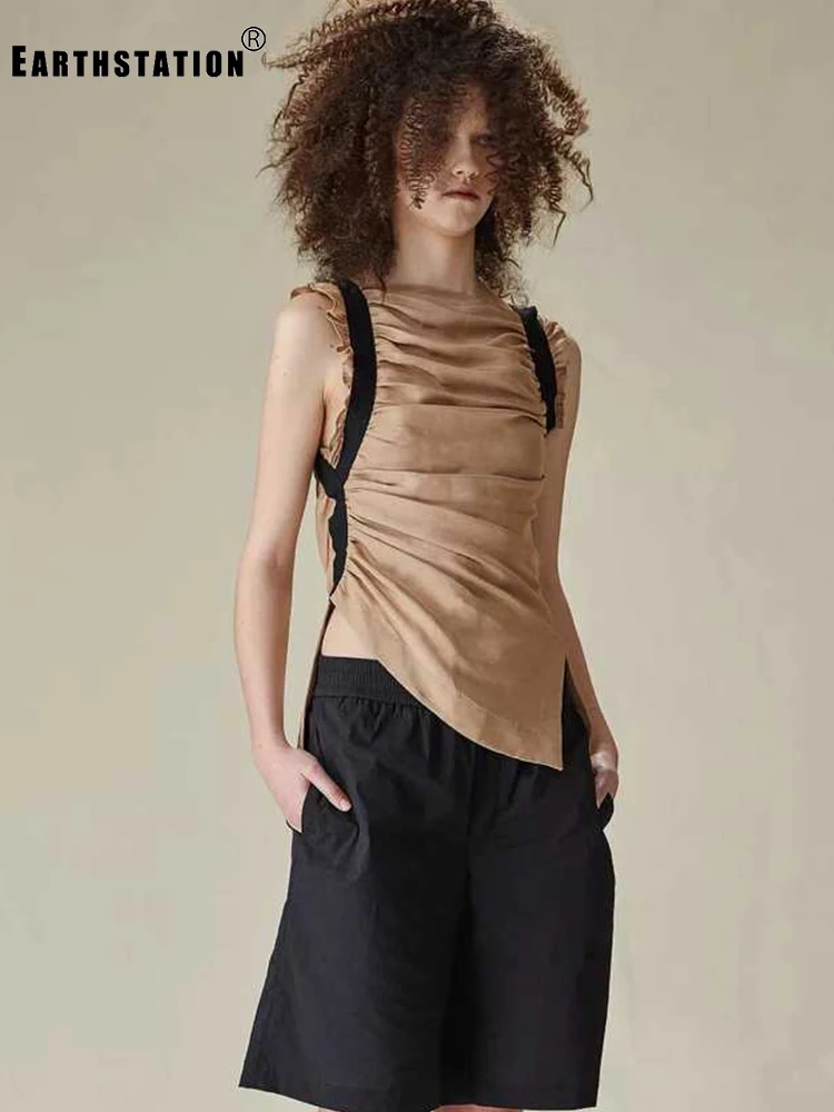 Женский плиссированный жилет Zou черный контрастной расцветки с разрезом сбоку