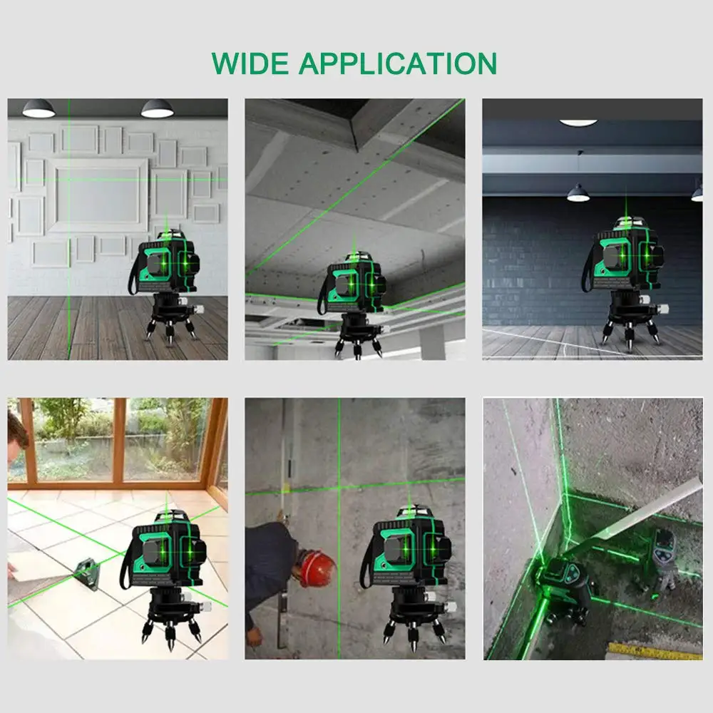 Мощный лазерный 3D уровень самонивелирующийся зеленый 12 линий горизонтали и