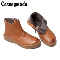 careaymade original autumn and winter new hand made cowhide womens boots retro casual martin boots flat bottom plush short boot