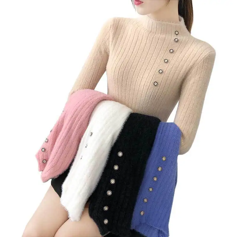 

Бархатный облегающий женский теплый вязаный свитер на пуговицах, пуловер, джемпер, Женский Однотонный свитер с высоким воротником на весну ...