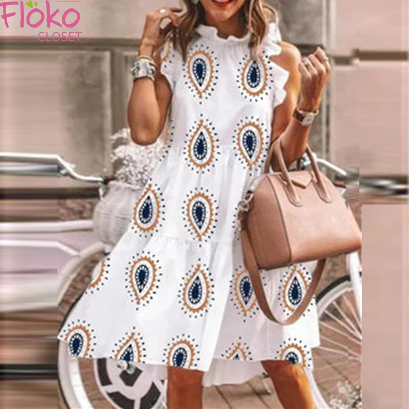 

Flokocloset повседневное свободное мини-платье с принтом без рукавов Летний плявечерние вечерний сарафан 2021 женские платья