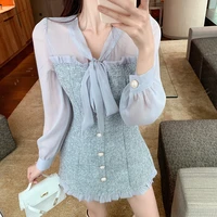 sweet women ribbon bow single breasted long sleeve party dresses vintage sexy see through chiffon patchwork tweed mini dress