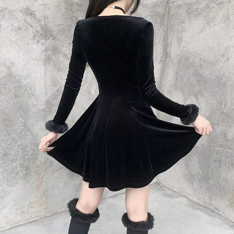 

Mall Goth Vintage Black Dress Egirl 2021 Long Sleeve Mini Dress With Long Socks Autumn Winter Gothic Dress Women Y2K Clothes