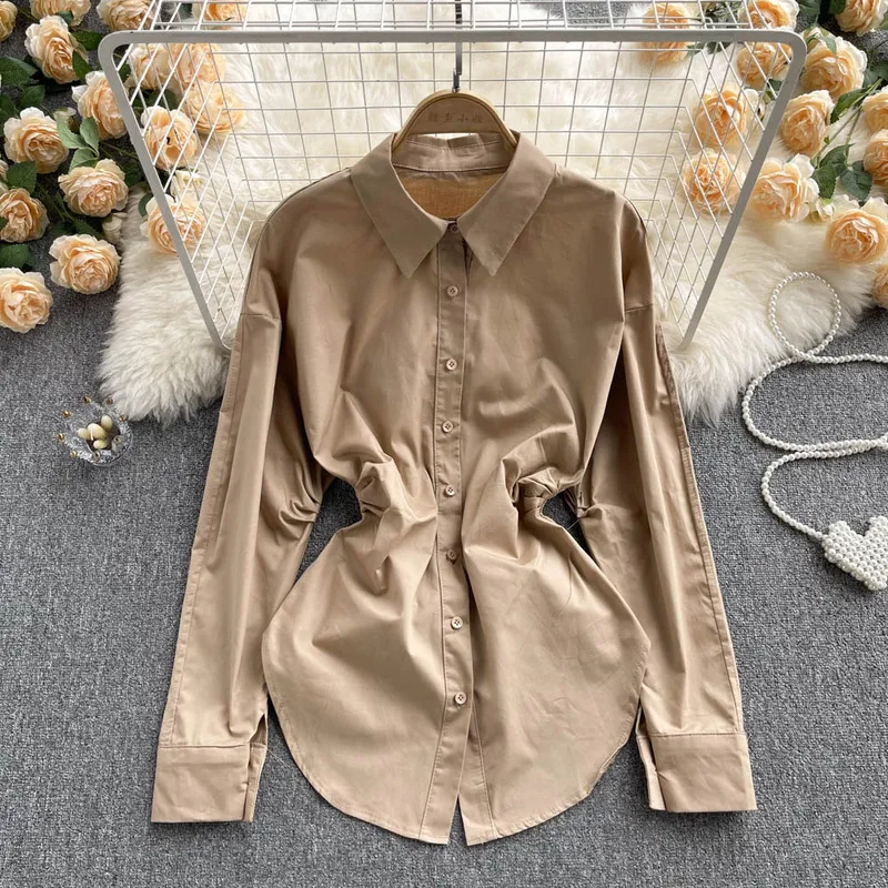 

Women's Fashion Shirt Tops Chic Turn-down Collar Folds Shirt Long Sleeve Yellow White Irregular Blouse Hipster Korean Spring New