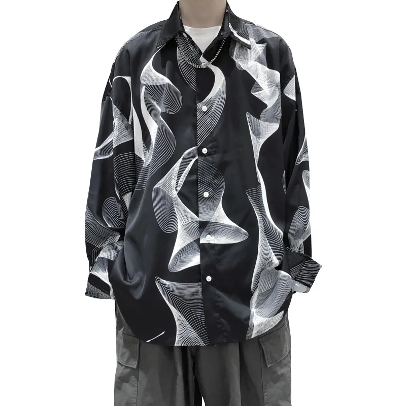 

Men Shirt Spring Autumn Loose Hip Hop Long Sleeve Shirts Print Turn-down Collar Long Sleeve Shirts Oversize Casual Handsome Coat