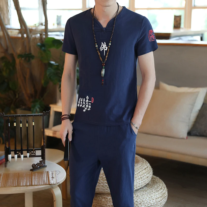 

Men's Chinese Short-sleeved Style Summer Fashion Casual Mens Seven points pants Suit 2 Pieces Sets Cotton and Linen Fabrics