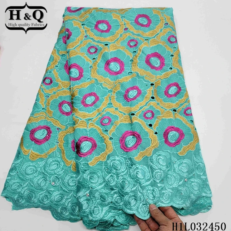 

H&Q 100% cotton swiss dry tulle lace fabric with stones and rhinestones 2021 high quality embroidery french voile lace for diy