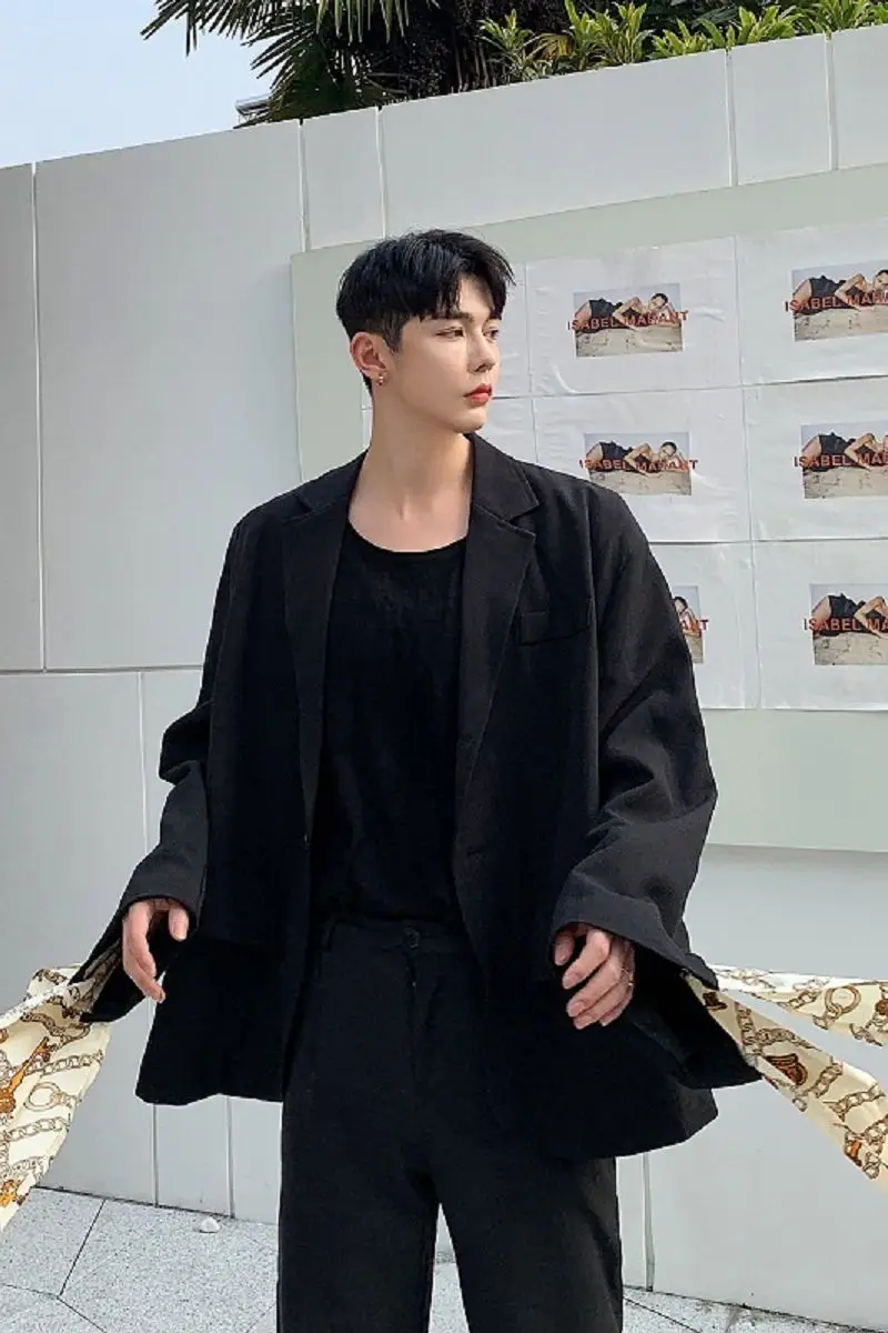 

IEFB Korean Design Men's Black Suit Coat Basic Accessories Ribbon Label Loose Causal Back Vent Blazers 2021 Spring New 9Y6543