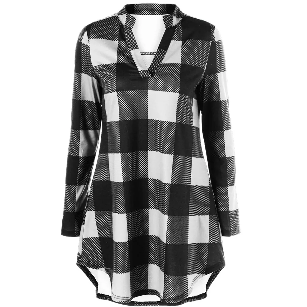 Блузка женская летняя в клетку с V-образным вырезом и длинным рукавом |