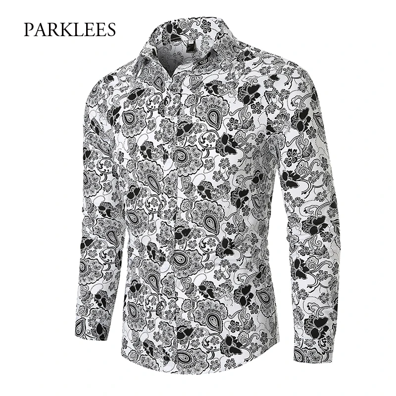 Гавайская Мужская рубашка с длинным рукавом белая Повседневная приталенная