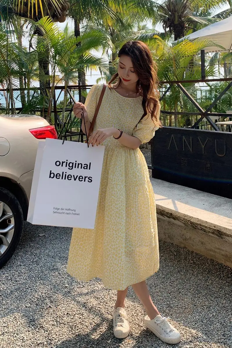 

8028# Summer Fashion Chic Ins Floral Printed Maternity Long Dress Elegant A Line Slim Waist Loose Clothes for Pregnant Women