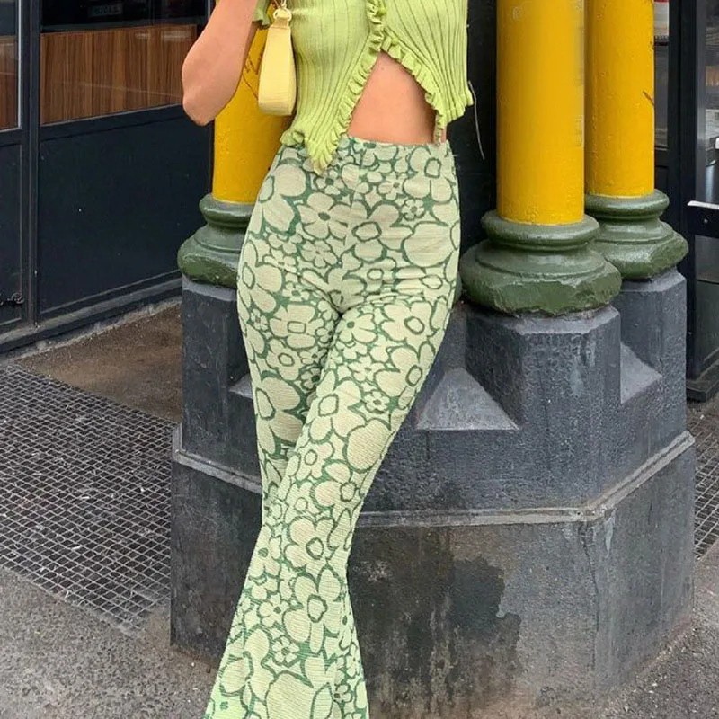 

Green Floral Flare Pants harajuku Y2k Aesthetic Cute Retro Pants High Waist Slim trouser suits Fashion Streetwear Women's pants
