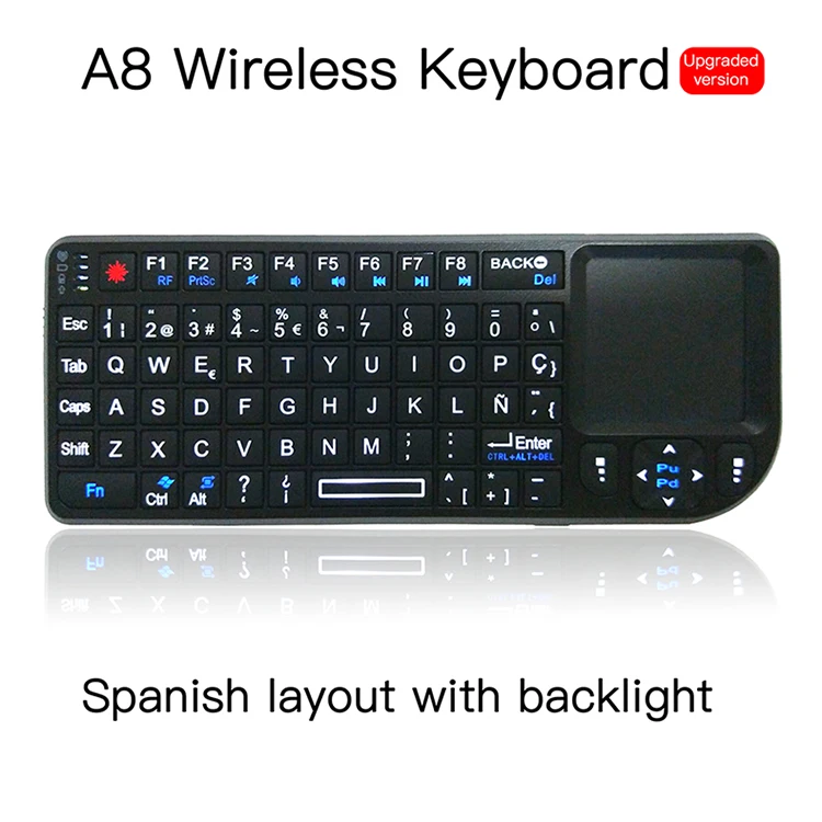 Spanish A8 русская испанская английская воздушная Летающая мышь белого цвета с подсветкой мини беспроводная клавиатура ручной тачпад для речевого проектора - Цвет: Spanish