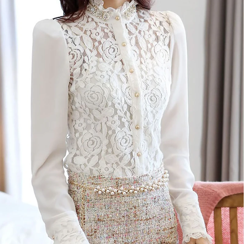 Кружевная рубашка из двух частей топ с воротником стойкой блузка длинным рукавом
