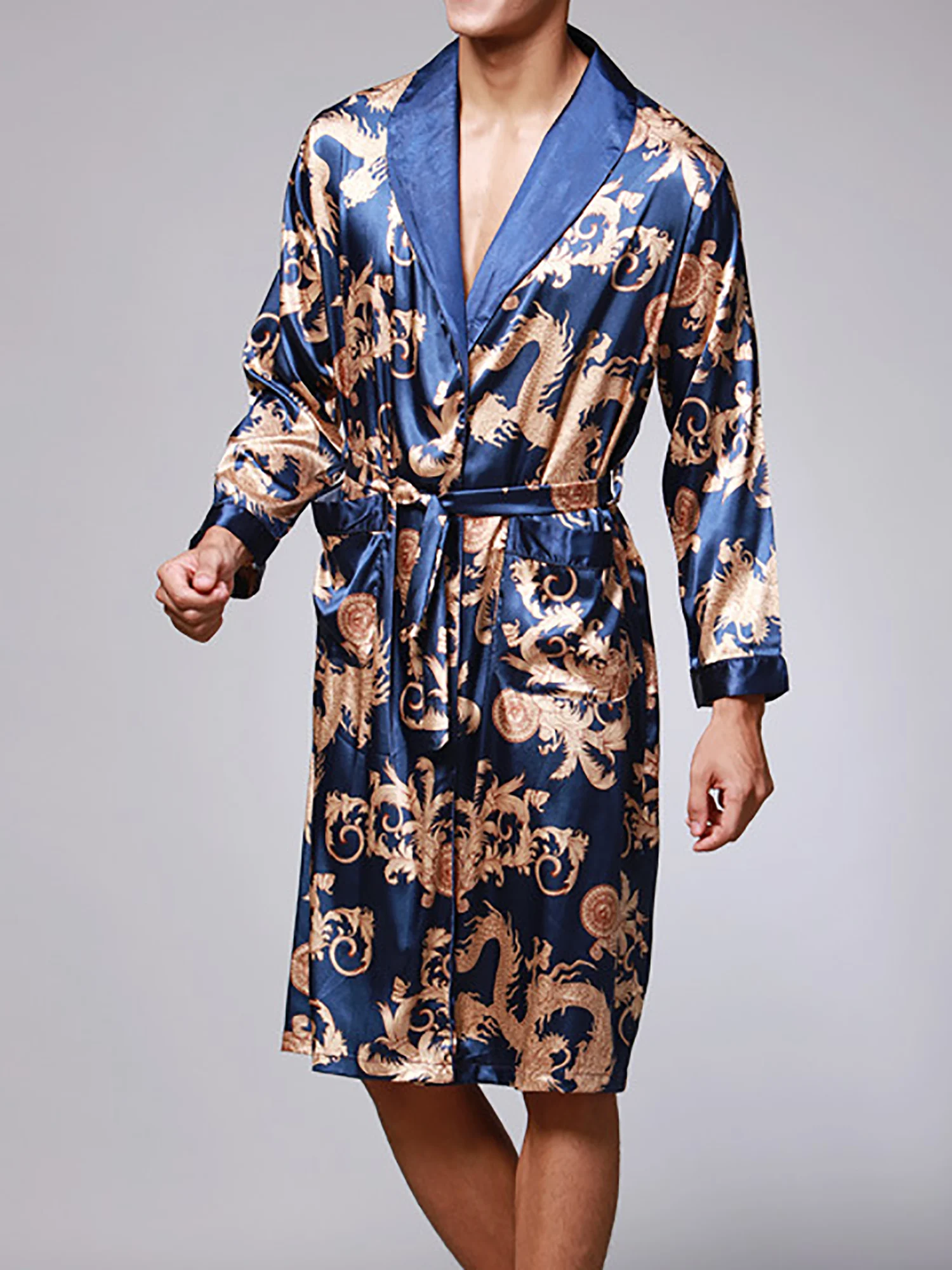 Men's Silk Satin Robe Pajamas Long Sleeve Pattern Dragon PJ Kimono Bathrobe