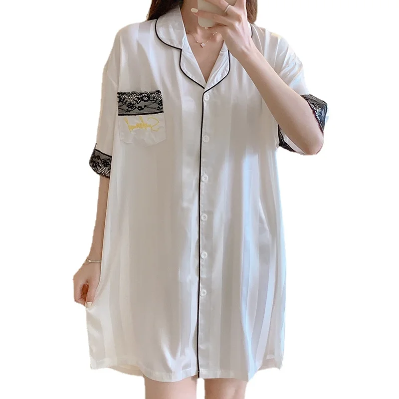 Fashion Shirt Nightdress Women's Summer Cardigan Casual Lace Nightgown Character Dress Short Sleeve Fairy Style Female Sleepwear