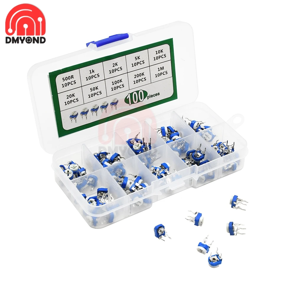 

100pcs/Box RM065 Potentiometer 1/2/5K Adjustable Resistor Kit 500-1M Ohm Multiturn Trimmer Potentiometer Set Variable Resistors
