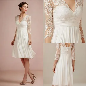 Boho Short Wedding Dresses 2021 V-Neck Knee Length Lace 3/4 Long Sleeves Beach Bridal Gowns Illusion