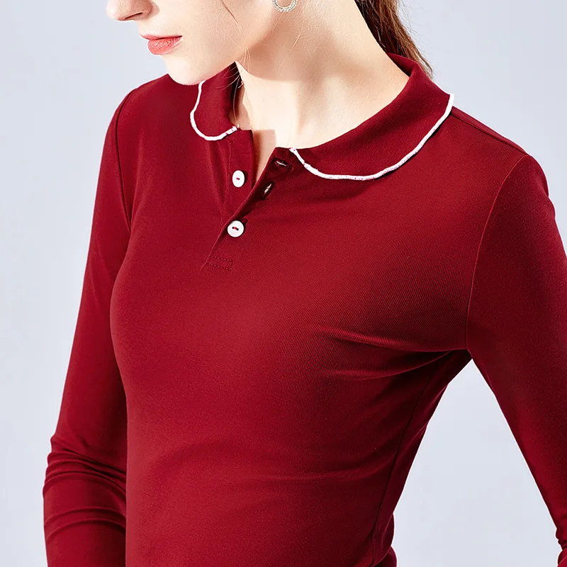 Ретро рубашка поло с воротником осень новинка женская длинным рукавом для
