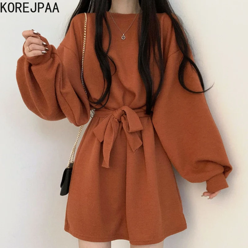 

Korejpaa Women Dress 2021 Korean Fashion Chic Minimalist Orange O Neck Loose Lace-up Lantern Sleeve Knitted Sweater Vestidos