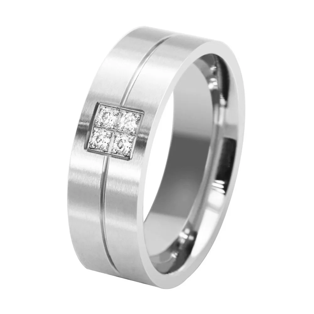 

Hot New Men's Silver Color Matte Finish Stainless Steel Ring Thin Grooved Line AAA Zircon Inlay Ring Fashion Men's Wedding Band