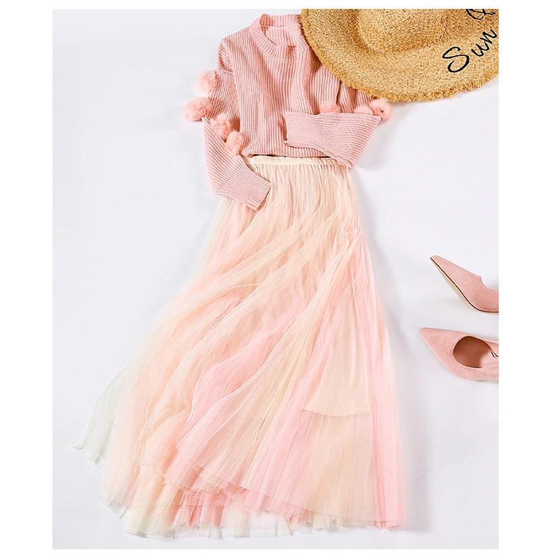 Модная юбка-пачка из тюля Женская длинная юбка макси 2019 Корейская милая розовая