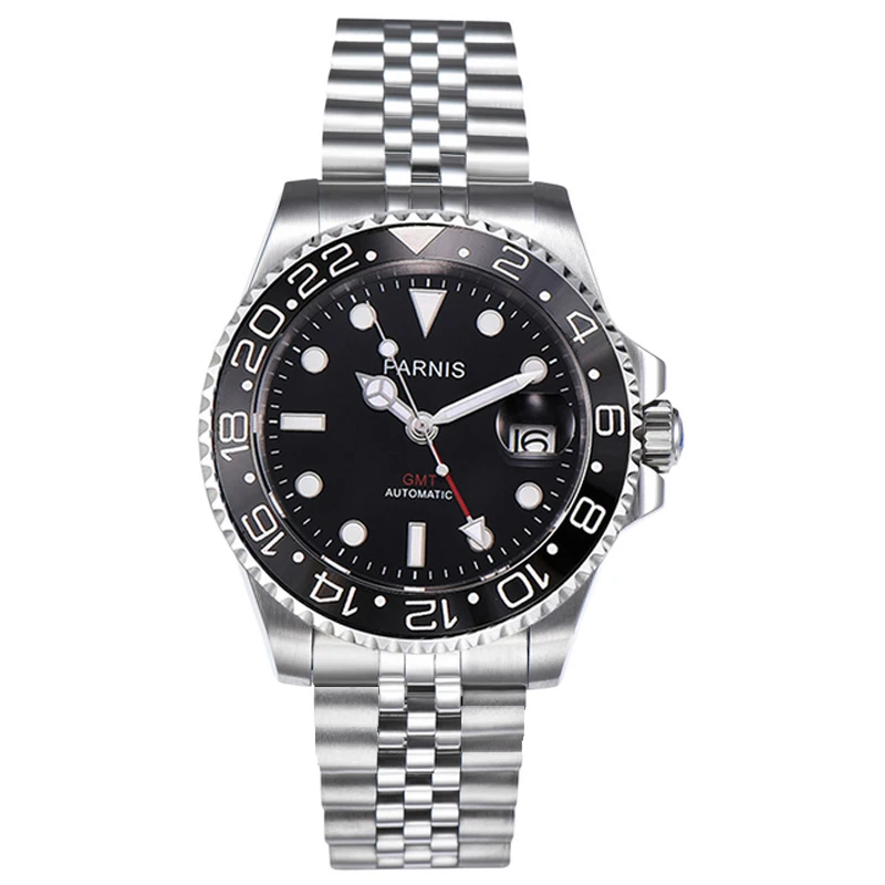 

Casual Parnis 40mm Black Bezel Mechanical Men Watches Red GMT Sapphire Glass Calendar Automatic Watch With Box Gift reloj hombre