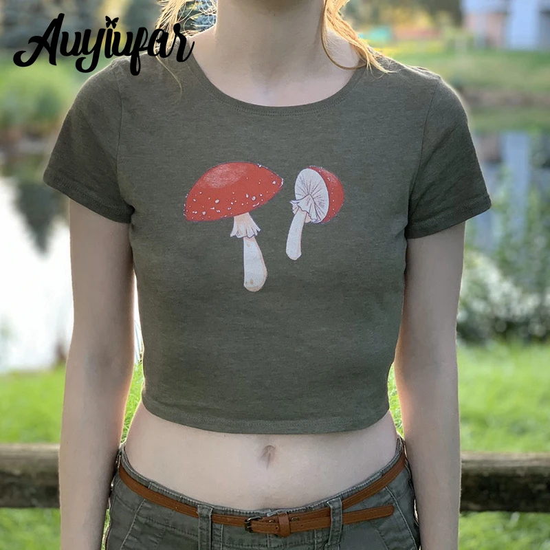 

Auyiufar Mushroom Print Cute Fairy Grunge Tees Y2k Casual Streetwear Elfcore Cropped Women Tops Aesthetic Round Neck Tshirts New
