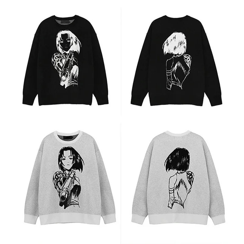 

Fashionable and Comfortable Autumn 2021 Pure Cotton Pullover Men's Hip-hop Style Japanese Anime Girl Pattern Knitted Sweater