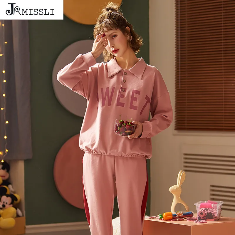 JRMISSLI пижама Женский комплект пижамный отложной воротник длинные штаны рукава