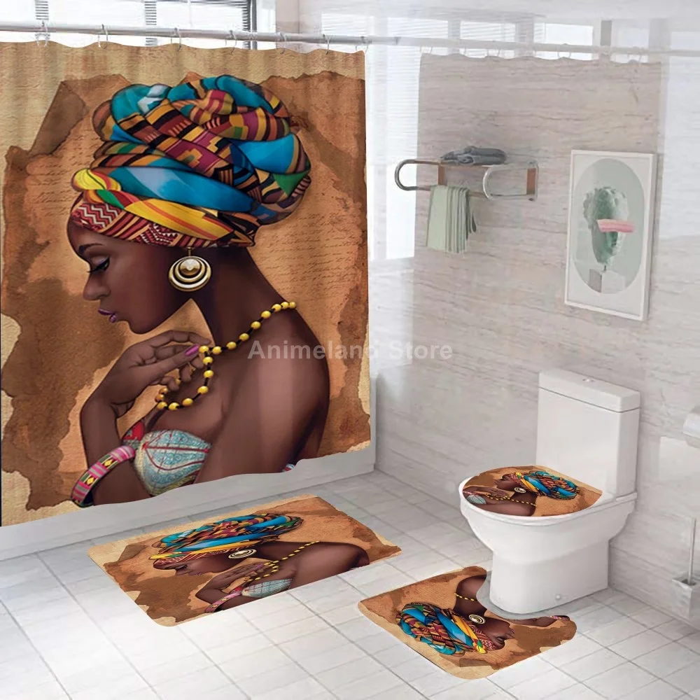 Cool Girl Crown Shower Curtains Black African Style Bathroom Curtain Bath Sets Toilet Cover Mat Non-Slip Washroom Rug Set Gift | Дом и сад
