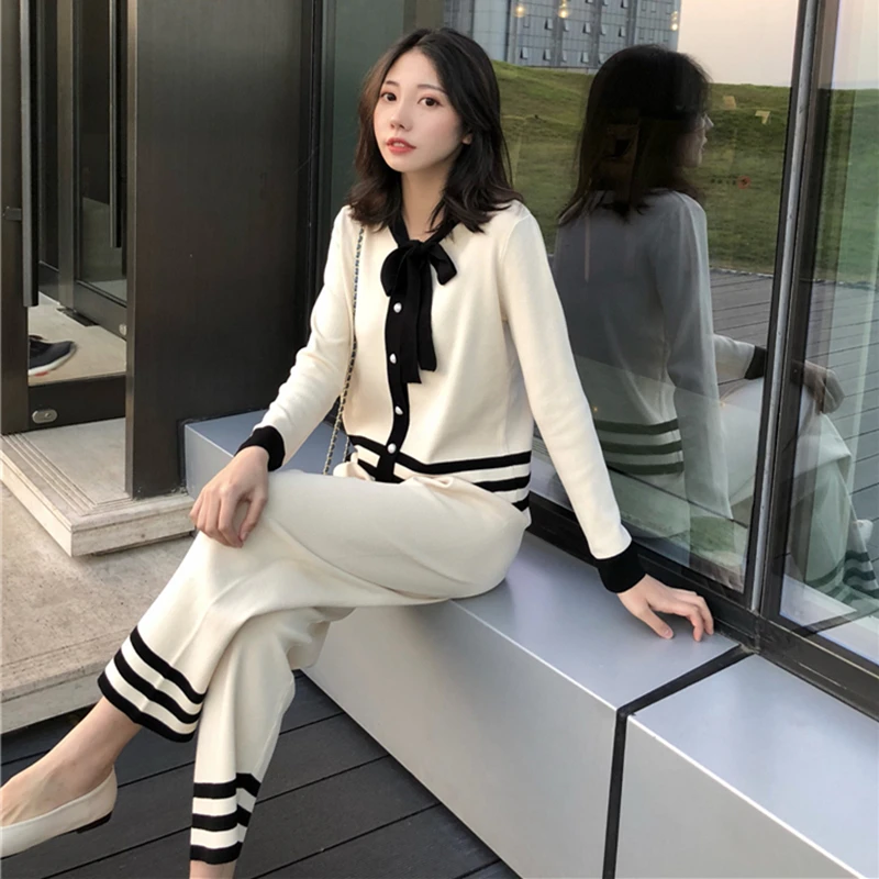

Autumn outfit new light ripe wind wide-legged pants two-piece female temperament show thin knitting royal elder sister brim minu