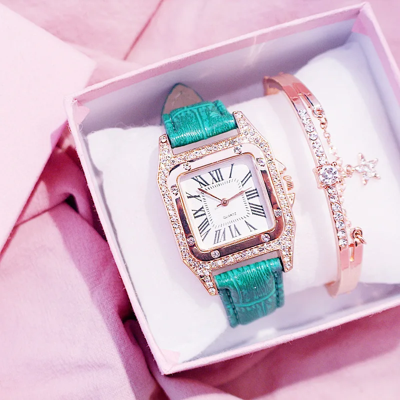

Women Square Diamond Bracelet Watches Set Ladies Leather Quartz Wristwatches Female Clock Zegarek Damski