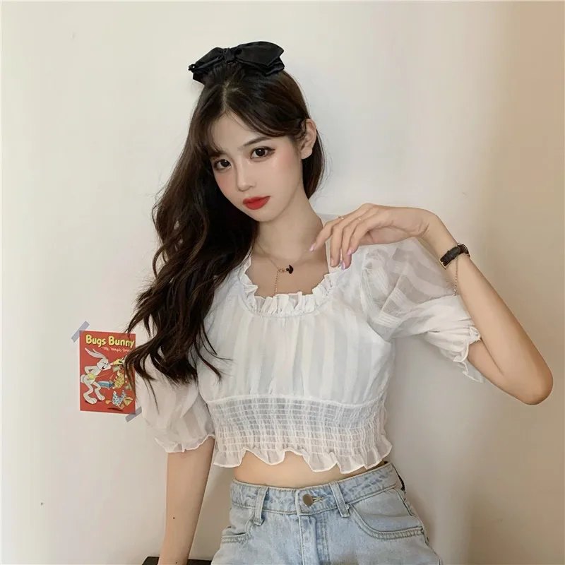 

Women's Clothing White Crop Top Chiffon Blouses Puff Sleeve Blusas Mujer De Moda Ladies Shirts Black Korean Fashion Clothing New