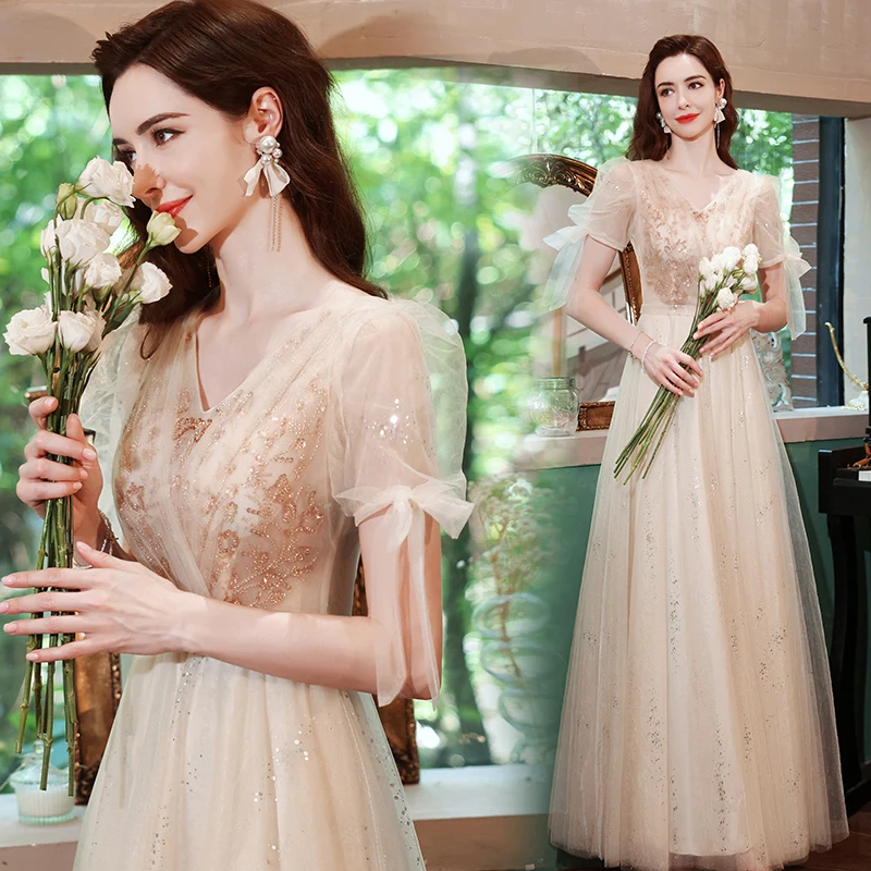 

Champagne Puff Sleeve Sequined Puff Sleeve Bridesmaid Bride Toast Dress Party Evening Birthday Long Dresses for Women