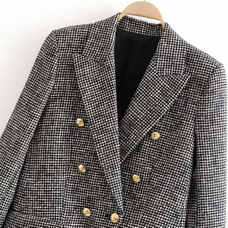 Двубортные блейзеры для женщин модные повседневные куртки в ломаную клетку