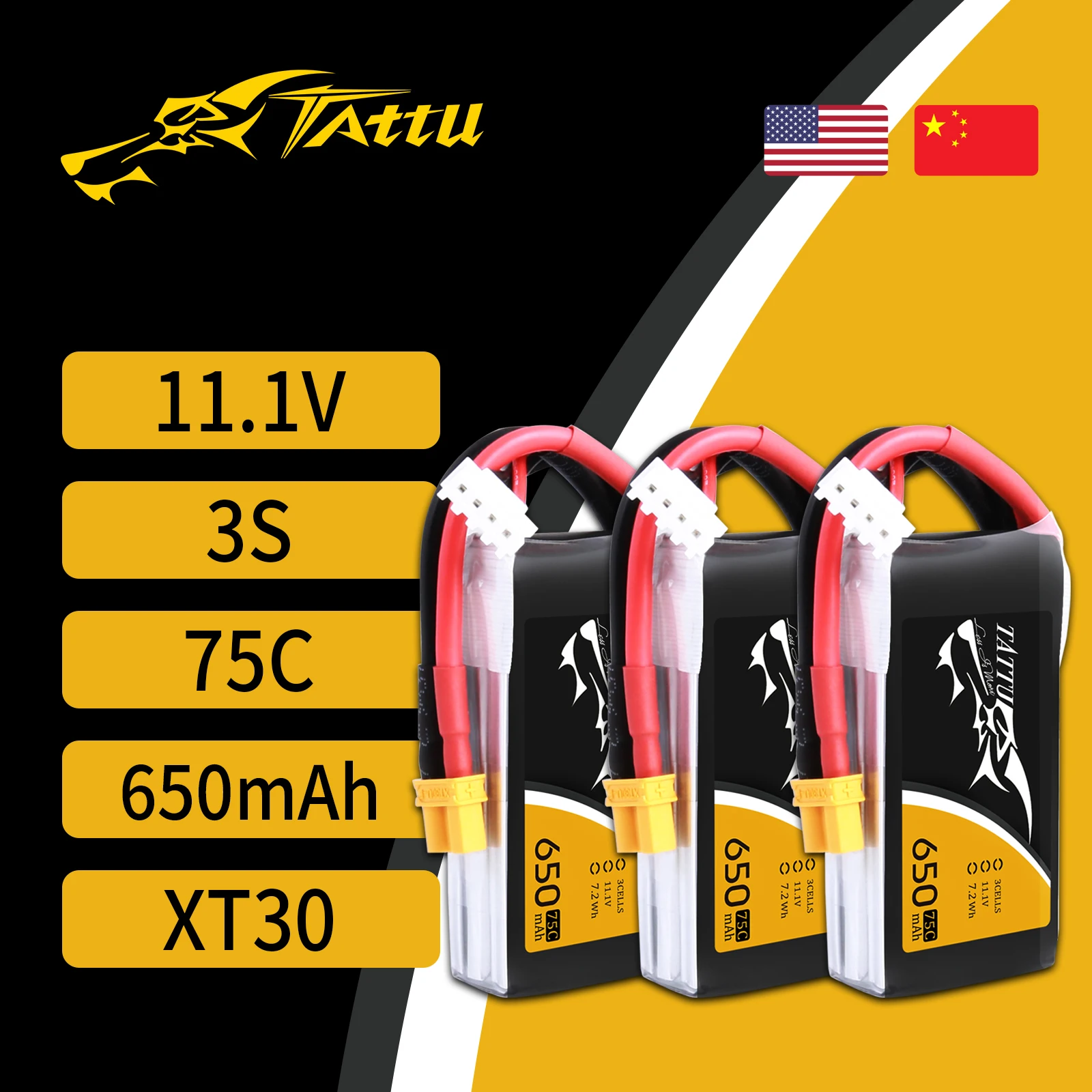 Tattu-bater&iacute;a Lipo de 650mAh, 11,1 V, 3S, 75C-150C, con enchufe XT30, para Dron FPV, cuadric&oacute;ptero de carreras, 130 modelos, invierno, interior, FPV-2
