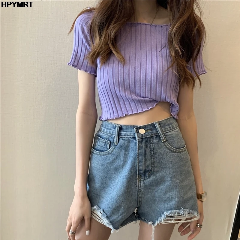

Summer T-Shirt Women Casual Solid Off Shoulder Knitting Crop Tops Short Sleeve Stretchy Ruffles T Shirts Fashion Knitted TShirt