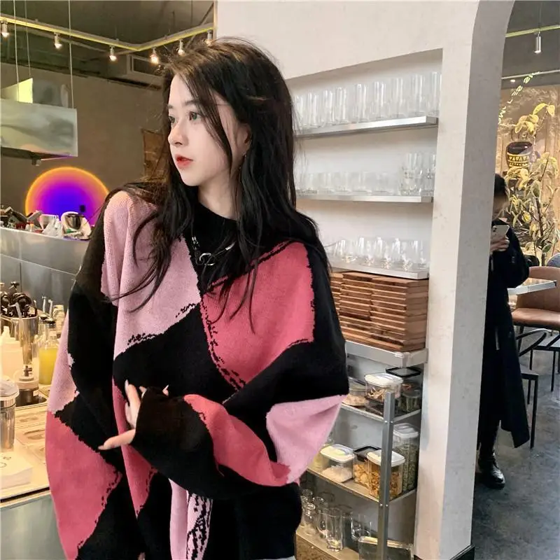 

Pink diamond plaid sweater female sweet girl college style Korean fashion pullover patchwork small fresh O neck cute top