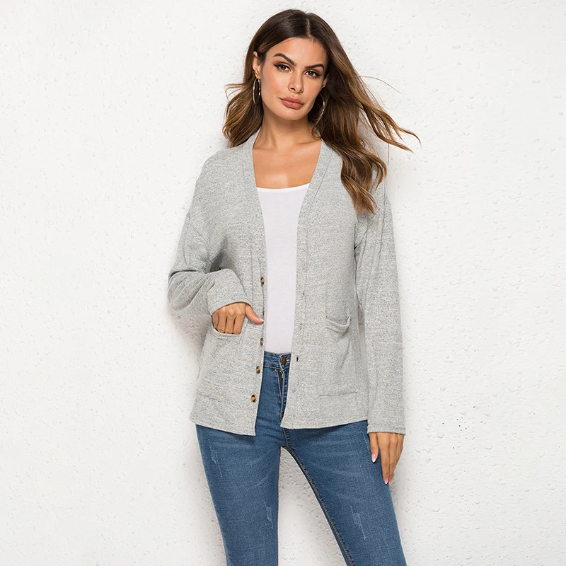 

2021 New Fashion Pockets Button V Neck Single Breasted Regular Casual Spring Autumn Women Solid Color Long Sleeve Sweaters