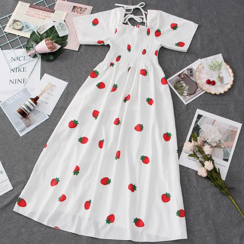 

HOUZHOU White Strawberry Print Dress Kawaii Cute Vintage Bandage Streetwear Sundress Summer Women's Dress 2021 Fashion Vestidos