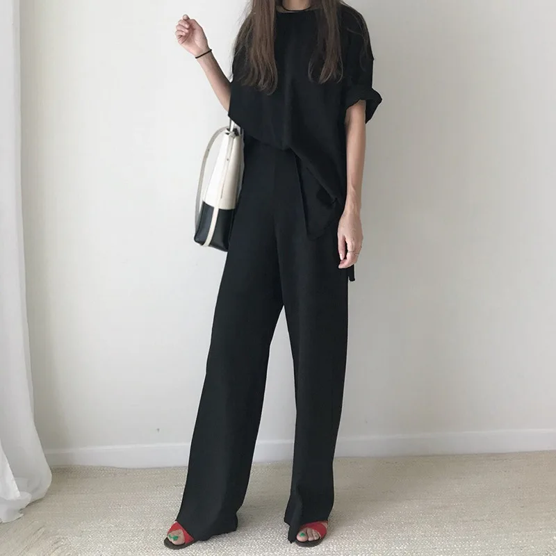 women solid color cotton short sleeves t shirt flared trousers pants woman casual suit two piece set Suit Sport yoga tracksuit | Женская