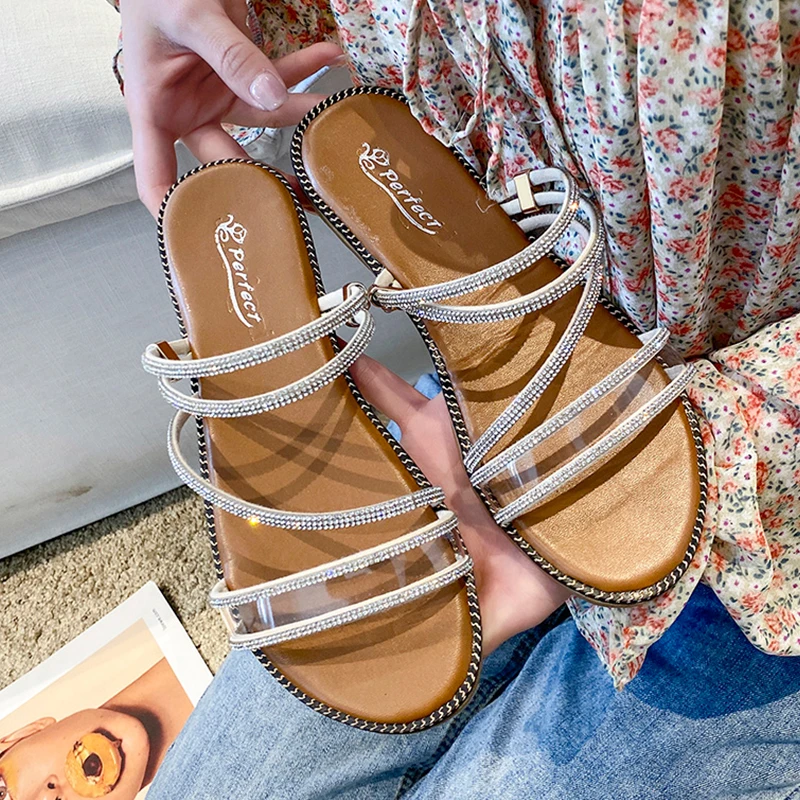 

Slippers Casual Shoes Woman 2021 Pantofle Glitter Slides Luxury Summer Soft New Flat Jelly Rubber PU Scandals Basic Crystal