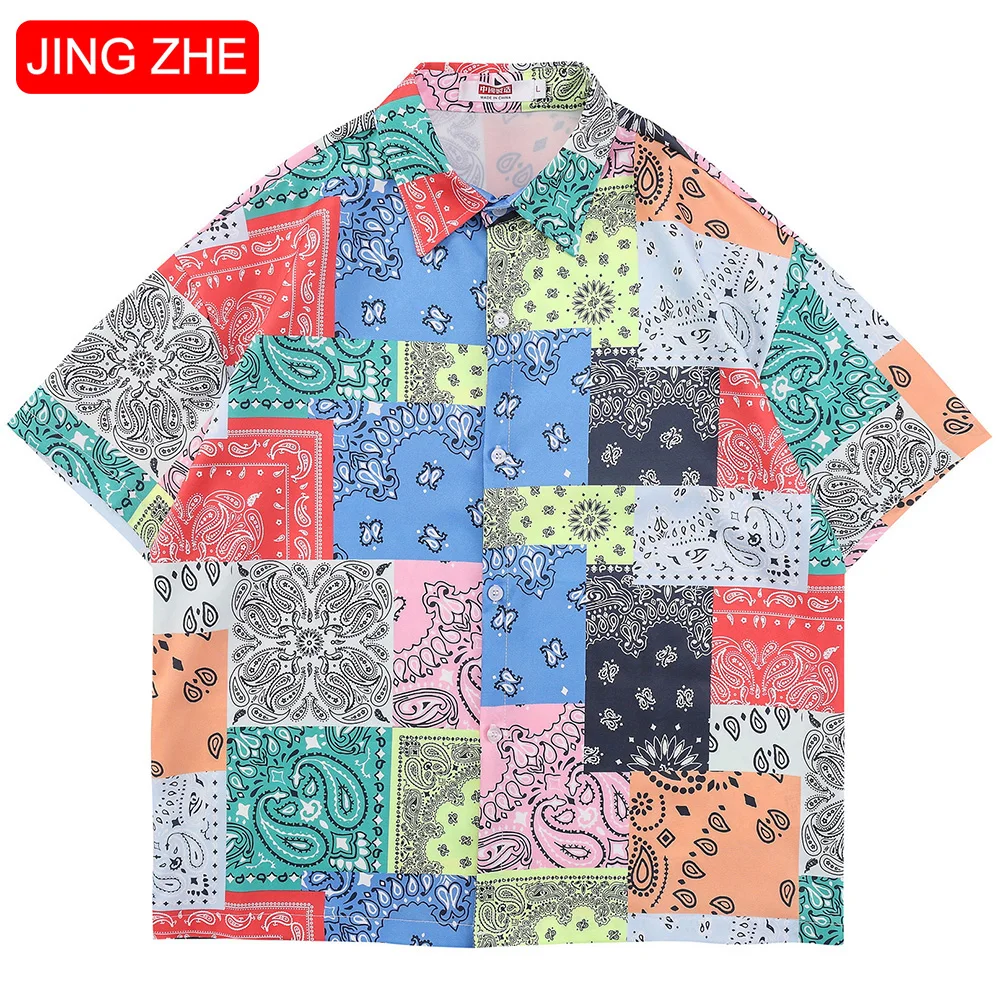 

JING ZHE Men's Shirt Colorful Plaid Print Retro Shirts Summer Casual Loose Beach Harajuku Hipster Hip Hop High Street Streetwear