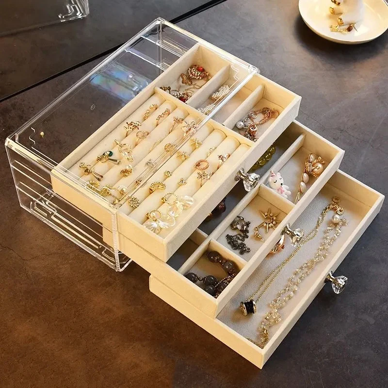 Acrylic Organizers Velvet Three-Layer Jewellery Storage Box Earring Rings Necklace Large Space Jewellery Case Holder Women Gift